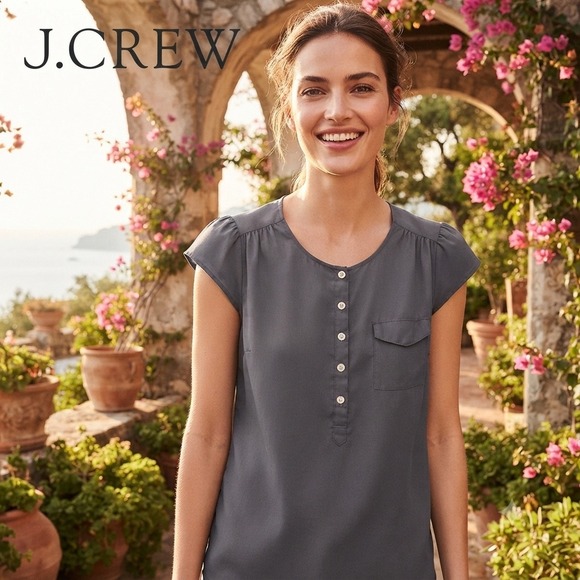J.Crew Tops - J.Crew Women Gray Cap Sleeve Button Front Blouse Gathered Back Size S Career